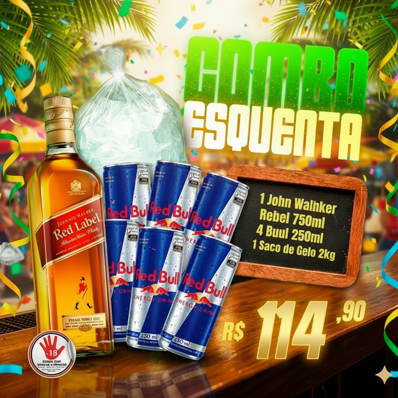 Combo Red Label (Whisky Red Label 1L + 6 Red Bull 250ml + Gelo)